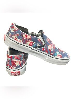 Vans Unisex Classic Slip On Floral Blue Red Sneakers Shoes Size Women 8.5 Men 7